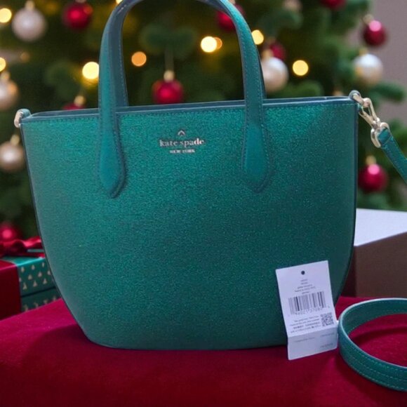 Kate Spade NEW Emerald $329 glimmer glitter Satchel Crossbody bag - Picture 2 of 9